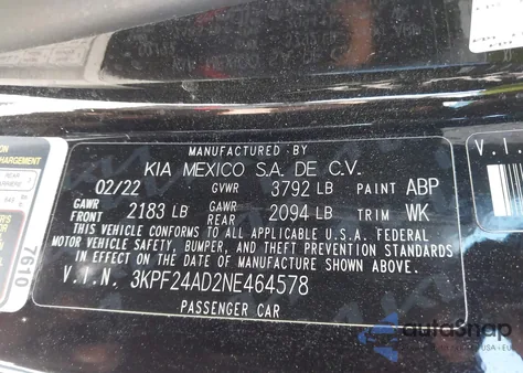 2022 Kia Forte Lxs from USA, damaged, VIN 3KPF24AD2NE464578